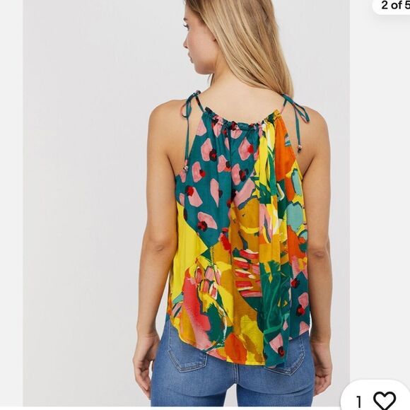 MONSOON VERADERO MIX PRINT CAMI TOP TROPICAL YELLOW PALM LEOPARD NWT Size M - Picture 8 of 11